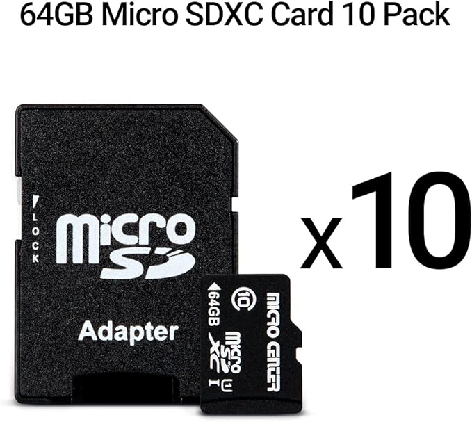 Micro Center 64GB Class 10 MicroSDXC Flash Memory Card 10 Pack with Adapter for Mobile Device Storage Phone, Tablet, Drone & Full HD Video Recording - 80MB/s UHS-I, C10, U1 (10 Pack)