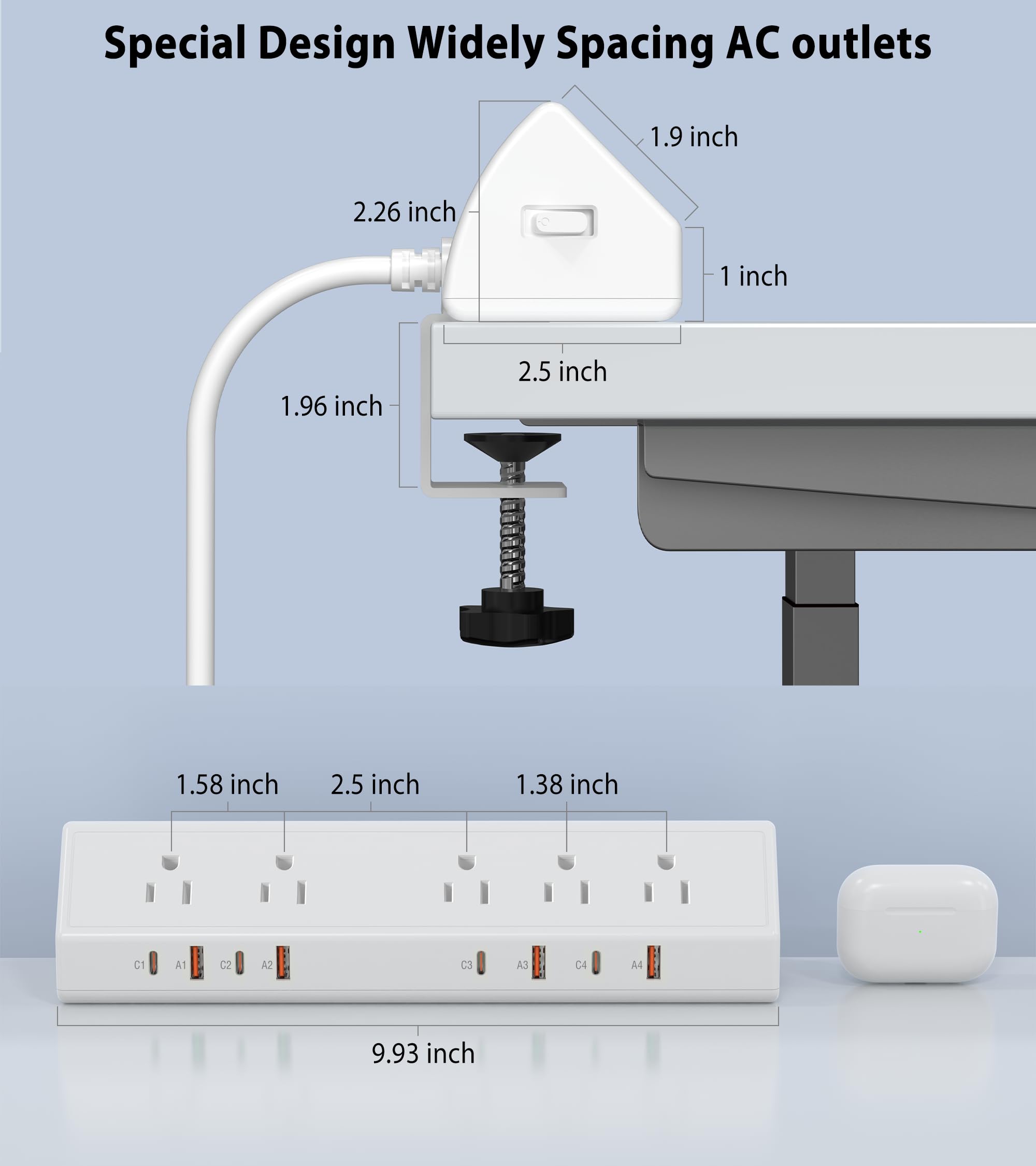 Jgstkcity Desk Clamp Power Strip USB C 65W,8 USB,10FT Cable,White