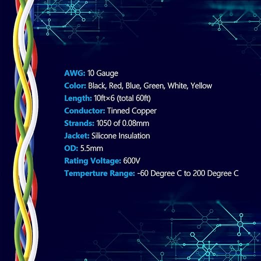 Fermerry 10 AWG Stranded Wire Spool 10ft Each 6 Colors Flexible 10 Gauge Silicone Hook up Wire Kit Electrical Tinned Copper Wire