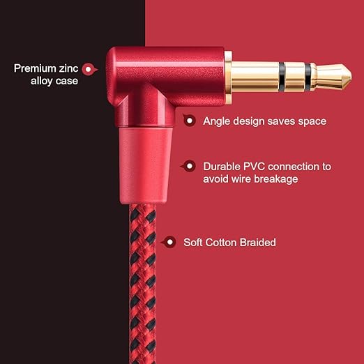 CableCreation Audio Cable, 10FT 3.5mm Right Angle Male to Male Auxiliary Stereo HiFi Cable with Silver-Plating Copper Core,24K Gold Plated, Red