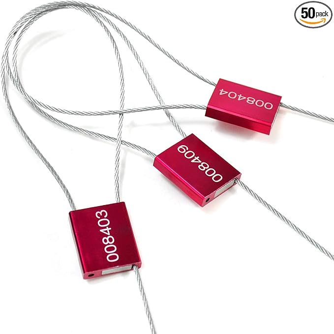 Leadseals(R) 50 Red Steel Cable Seals Metal High Security Seals Numbered Truck Trailer Seal Anti-Tamper Pull-Tite Security Tags Aluminum Body Transport Shipping Seal Self-Locking Safety Ties ISO 17712
