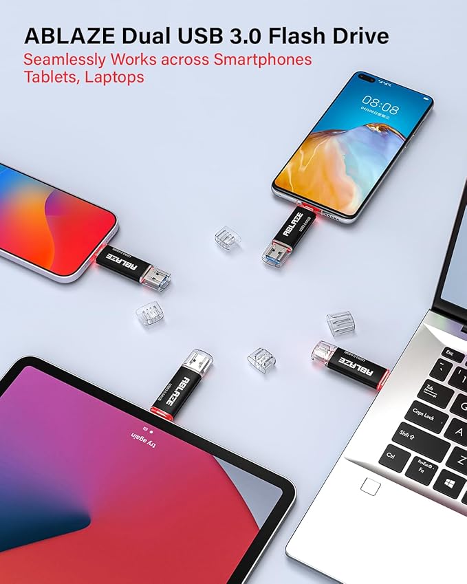 ABLAZE Type C Flash Drive 64GB 5 Pack, Dual USB 3.0+USB C Flash Drive Compatible with iPhone 16/15, Android Smartphone, Computer,Tablet Mac Laptop (5 Pack)