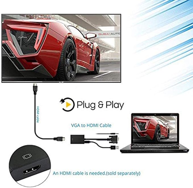 VGA to HDMI, 1080P Adapter (Male to Female) for Computer, Desktop, Laptop, PC, Monitor, Projector, HDTV with Audio Cable and USB Cable (1 Pcs)