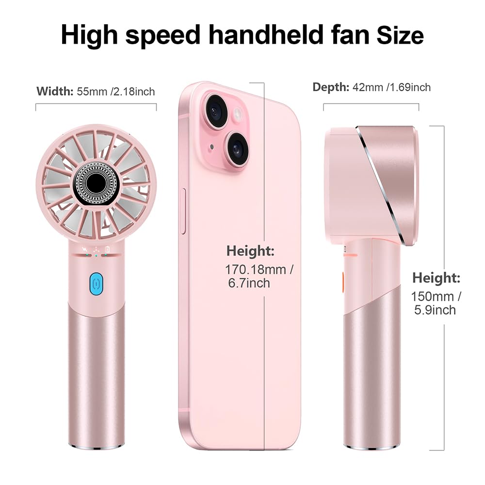 Handheld Fan, Mini Small Portable Turbo Fan, USB Type-C Rechargeable with 4 High Speeds Personal Fans, Max 16 Hours Working Time, Small Hand Fan for Travel, Camping, Office, Home, Outdoor - Pink, G3