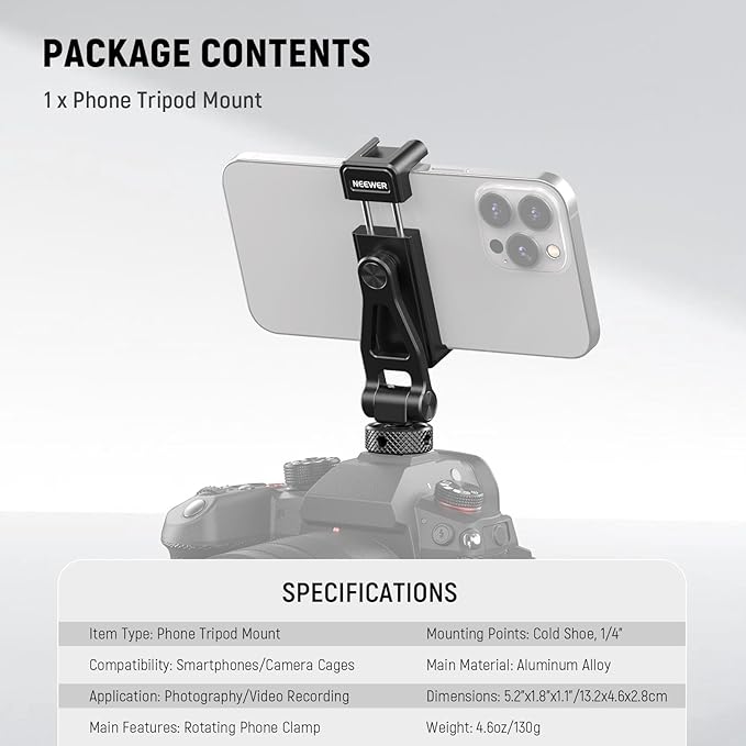 Neewer Metal Phone Tripod Mount with Cold Shoes, 1/4" Thread, 180° Tilt, 360° Rotation, Adjustable Phone Clamp Metal Phone Holder Compatible with iPhone 16 15 Pro Max S24 Ultra Camera Cage, GA010