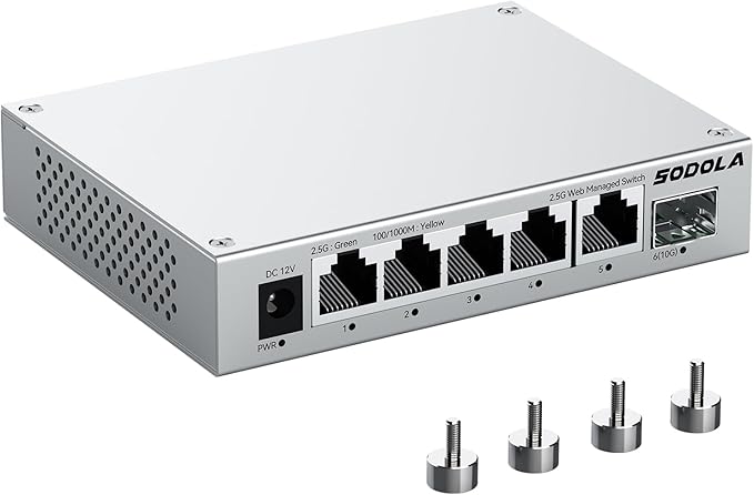SODOLA 5 Port 2.5Gb Switch Managed, 5X 2.5G Base-T Ports, 1x 10G SFP+,Aluminum Alloy Cooling & Magnetic Mounting - LACP/QoS/VLAN/IGMP Web 2.5G Network Switch for Homelab