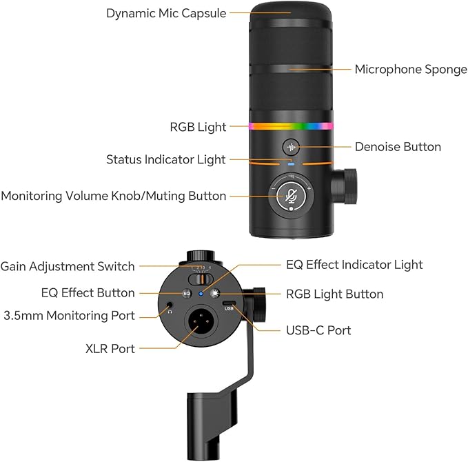 COMICA EJoy D10 D USB/XLR Dynamic Microphone with RGB Lighting &CalMix Denoise &Mute Button- Studio-Quality Cardioid Mic with Desktop Stand for Gaming, Streaming, Podcast,YouTube(PC/PS5/Xbox/Mac)Black