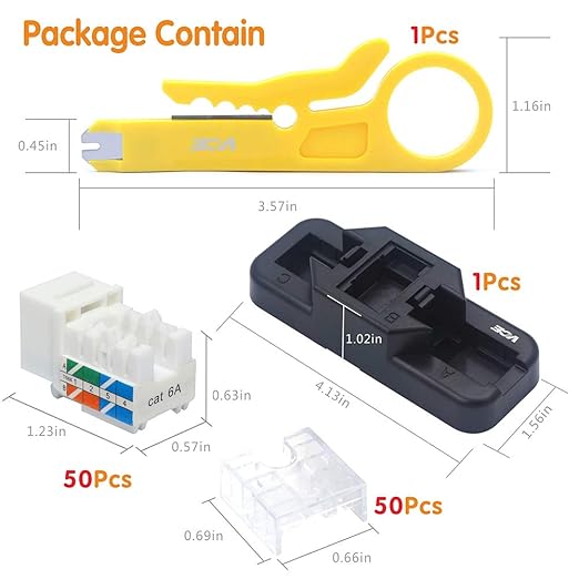 VCE Cat6A RJ45 Keystone Jacks UL Listed 50-Pack, 110-Type UTP Modular Ethernet Jacks Insert 10Gbps, Bundle with Keystone Punch Down Stand and Wire Stripper Cutter