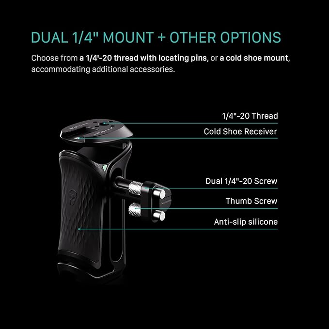 Tilta Xeno Side Handle for Filmmakers & Cameras - Titanium Gray | Secure Connection & Helps Prevent Rotation | Adjustable Height | Textured Silicone Grip | Convenient Assembly (Dual 1/4″-20)