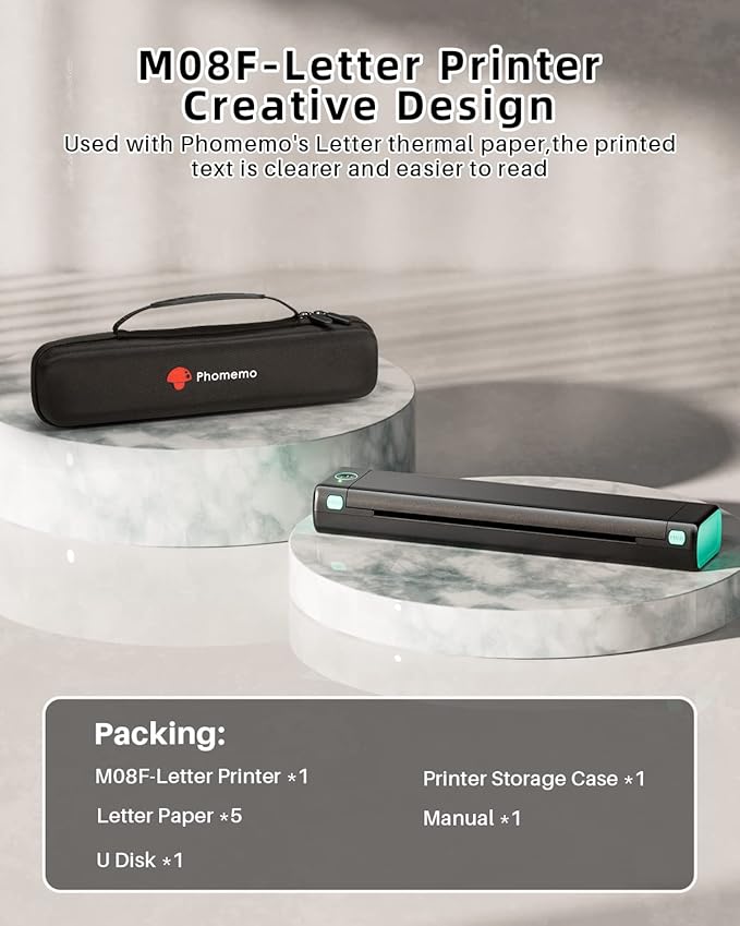 Phomemo Portable Printers Wireless for Travel - Bluetooth Thermal Printer Supports 8.5" X 11" Letter, Inkless Printer Compatible with Phone Laptop for Home Use Car Office School, Come with Carry Case