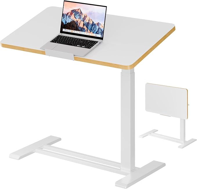 SANODESK Medical Adjustable Overbed Bedside Table with Casters 90° Tilt Top Pneumatic Mobile Rolling Laptop Computer Standing Desk Cart with Tray, Hospital and Home Use(31.5" W x 17.7" D, White)