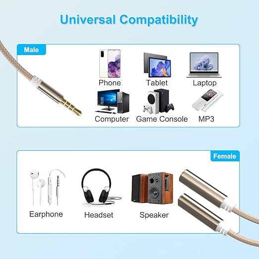3.5mm TRRS Splitter for 2 Headphones 1FT 2-Pack, Audio & Mic, 3.5 mm Aux Jack Cable 1 in 2 out, Dual 1/8" Stereo Female Adapter, Double Headset Split Y Cord 2 Way for Phone/Tablet/Laptop/PC/MP3, Gold