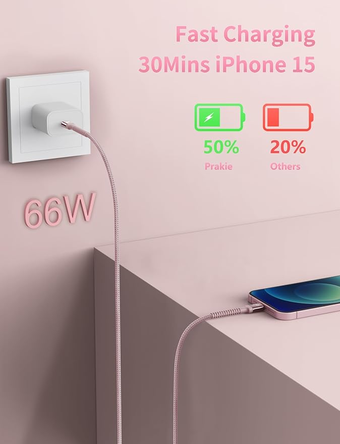 USBC Cables 6FT, 2Pack USB C to USB C Charger Cable, Long USB C Fast Charging Cable Nylon Braided USBC iPhone Charger Cord Compatible with iPhone 16/15/Pro Max/PlusSamsung Galaxy S23/LG/Switch-Pink