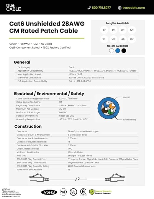 TRUECABLE Cat6 Component Rated Patch Cable, Unshielded (U/UTP), 3ft, White, 28AWG Solid Copper, Snagless 10G High-Speed Ethernet Cable, PoE++ 4PPoE 100W, UL Listed, RoHS-3, 1 Pack