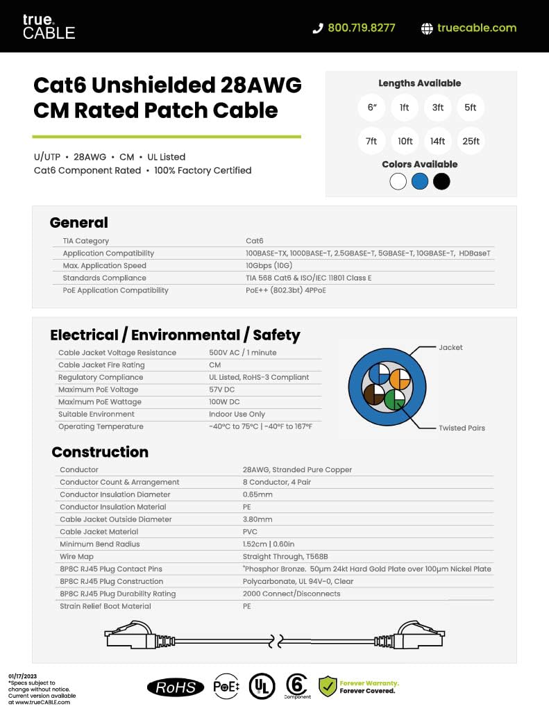 TRUECABLE Cat6 Component Rated Patch Cable, Unshielded (U/UTP), 3ft, Black, 28AWG Stranded Pure Copper, Snagless 10G High-Speed Ethernet Cable, PoE++ 4PPoE 100W, UL Listed, RoHS-3, 5 Pack