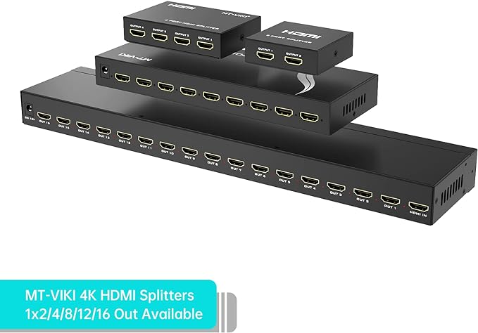 MT-VIKI 4K 1x8 HDMI Splitter 1 in 8 Out, 8 Port Powered HDMI Splitter Multi Monitor Outputs 3D 4Kx2K@30Hz for Projector, HDTV