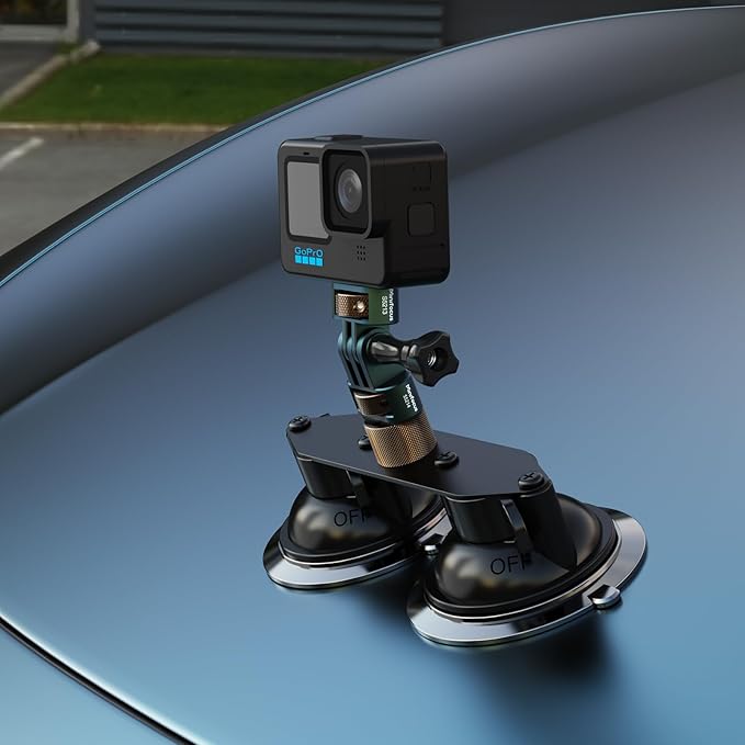 MINIFOCUS Dual Suction Cup Mount, Twist-Lock Dual Suction Cup Base with Camera Thread Adapter, Quick Release Double-Layer Suction, Windshield Window Car Mount for Magic Arm Gopro Adapter