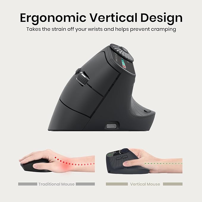 Vertical Ergonomic Mouse 2.4G Wireless BT Task Window Switching and Horizontal Scrolling,Adjustable DPI, Lightweight for Laptop,Desktop,PC,MacBook, Black (MKE 604)