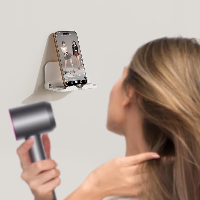 pzoz Wall Mount Cell Phone Holder for Outlet, Foldable Cellphone Stand for Mirror Bathroom Shelf Shower Bedroom Kitchen or Dorm Charging, Compatible with iPhone iPad or Tablet (White)