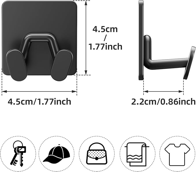 10 Pack Shower Hooks for Inside - Extra Sticky Stainless, Razor Holder Shower Accessories, Wall Mounted Self-Adhesive Hooks for Razor, Loofah, Towel, Coat, Key, Matt Black,