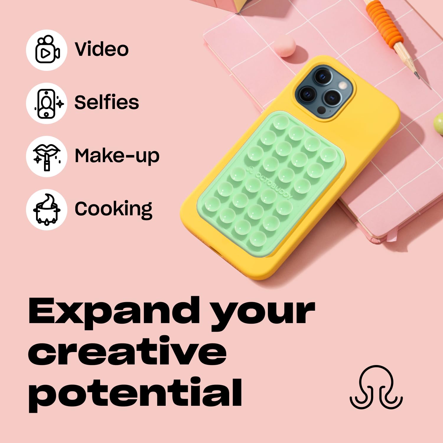 OCTOBUDDY Classic MAX - Silicone Suction Phone Case Adhesive Mount - Hands-Free, Strong Grip Holder for Selfies and Videos - iPhone and Android Compatible - 2.6″ x 3.9″, Canary Yellow