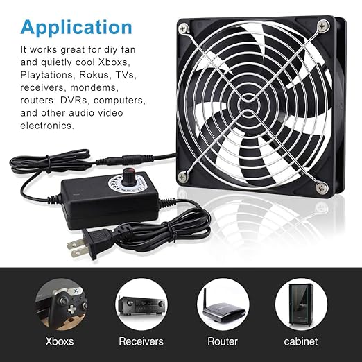 Wathai 120mm x 25mm AC Powered Computer Fan with AC Plug 110V 120V 220V 240V Variable Speed Controller 3V to 12V, for Biltong Box Greenhouse Receiver Amplifier Xbox DVR PlayStation Component Cooling