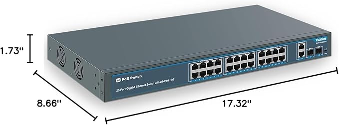 24 Port Gigabit Ethernet PoE Switch with 2 Uplink Gigabit Port & 2 SFP Port, YuanLey Unmanaged 24 Port PoE+ Network Switch, Rackmout, Build in 400W Power, Support 802.3af/at, Plug and Play