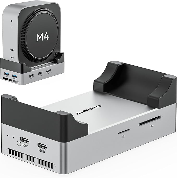 ANYOYO Mac mini M4 Dock and Stand, 10-in-1 Aluminum USB-C Hub with M.2 NVMe SSD Enclosure, 4K 60Hz Dual HDMI, 10 Gbps USB-C/A, 30W PD-in, Smart Fan Cooling, Wi-Fi Signal Friendly Design, Silver