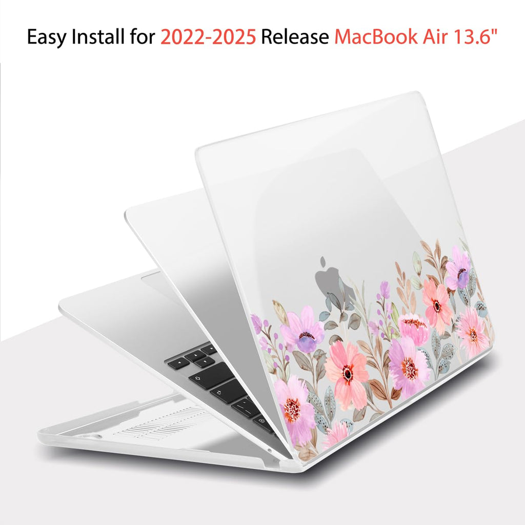 Teryeefi for MacBook Air M5 M4 M3 M2 13 inch Case 2026 2025 2024 2022 Release fits Model A3449 A3240 A3113 A2681, Hard Shell Case with Keyboard Cover+Screen Protector, Pink Flower Garden-A