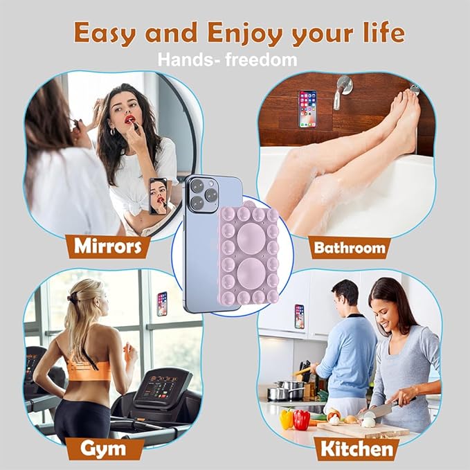 Double Sided Silicone Suction Phone Holder Mount,Compatible with iPhone and Android Cases Hands-Free Mirror Shower Phone Mount Strong Grip Holder (Violet, Double Sided 2PCS)