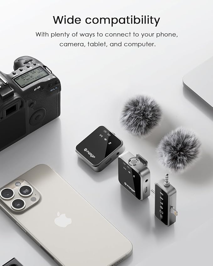 PQRQP 3 in 1 Microphone for iPhone/Android/Camera, Mini Microphone, 328ft Transmission, 18H Battery Life, Wireless Microphones Crystal-Clear Audio for Podcasting, Vlog, Streaming (Graphite Gray)