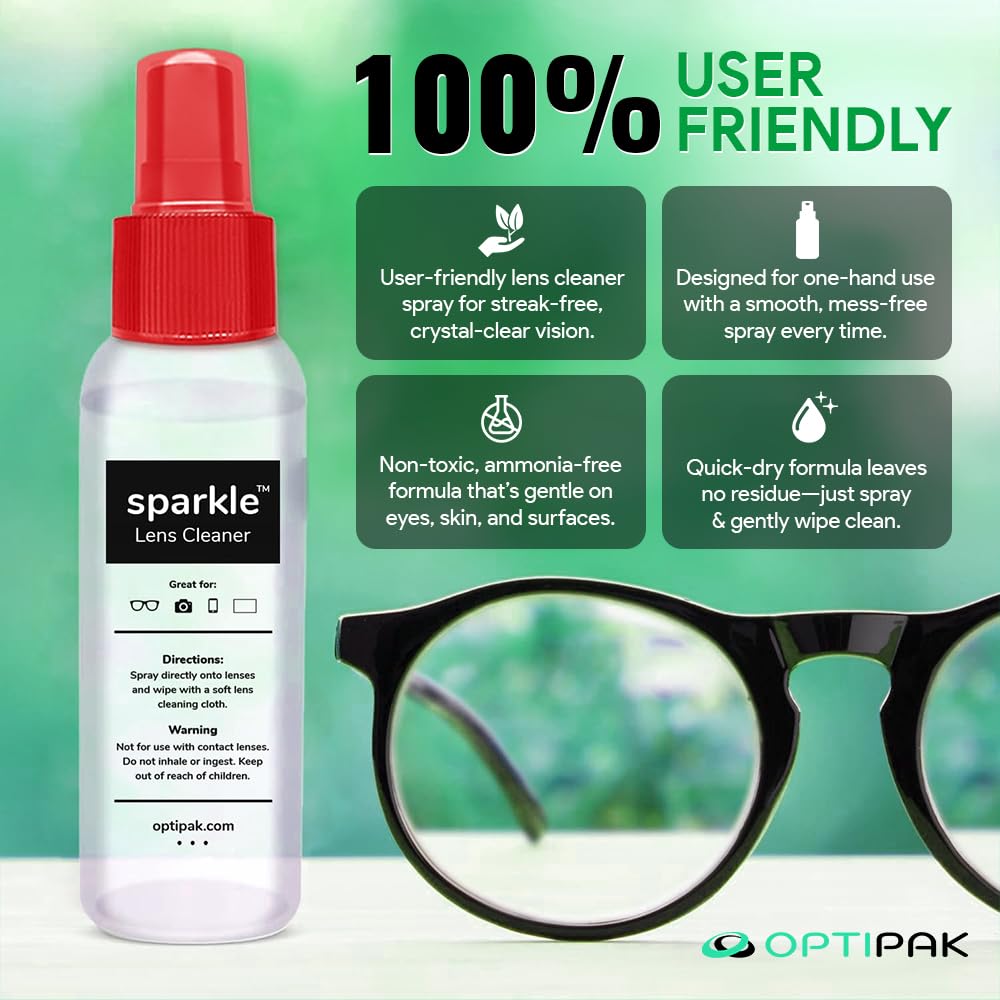 OPTIPAK Sparkle Anti-Reflective Lens Cleaner Spray kit | (2) 1oz Glasses Cleaner Spray + (2) Microfiber Cloth for Eyeglasses, Sunglasses, Lenses, Screens and Camera Cleaning Kit (4 Piece Set)