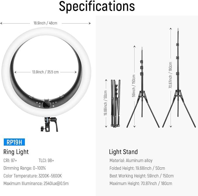 NEEWER 19 inch 2.4G Ring Light with Stand, 3 Phone Holders, 2.4G USB Transmitter for Mac/PC Remote Control, Touch Panel, Smooth Dimming at 1%, 3200K-5600K for Selfie TikTok Live Streaming Zoom, RP19H