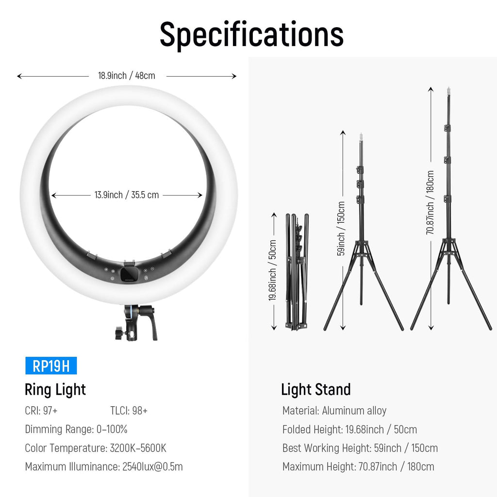 NEEWER 19 inch 2.4G Ring Light with Stand, 3 Phone Holders, 2.4G USB Transmitter for Mac/PC Remote Control, Touch Panel, Smooth Dimming at 1%, 3200K-5600K for Selfie TikTok Live Streaming Zoom, RP19H