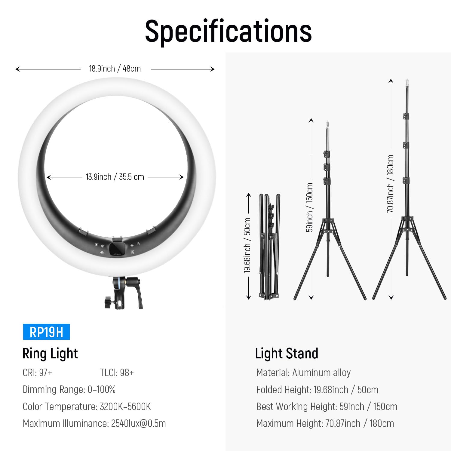 NEEWER 19 inch 2.4G Ring Light with Stand, 3 Phone Holders, 2.4G USB Transmitter for Mac/PC Remote Control, Touch Panel, Smooth Dimming at 1%, 3200K-5600K for Selfie TikTok Live Streaming Zoom, RP19H