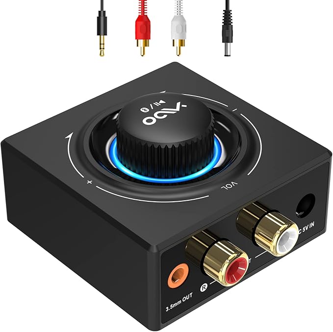 YMOO B06T3 Bluetooth 5.3 Receiver, 100ft RCA Bluetooth Audio Adapter for 3.5mm Jack AUX HiFi Home Stereo/Speaker from Smartphone/Tablet/Laptop,Dual Link for Two Speakers,SBC AAC Audio
