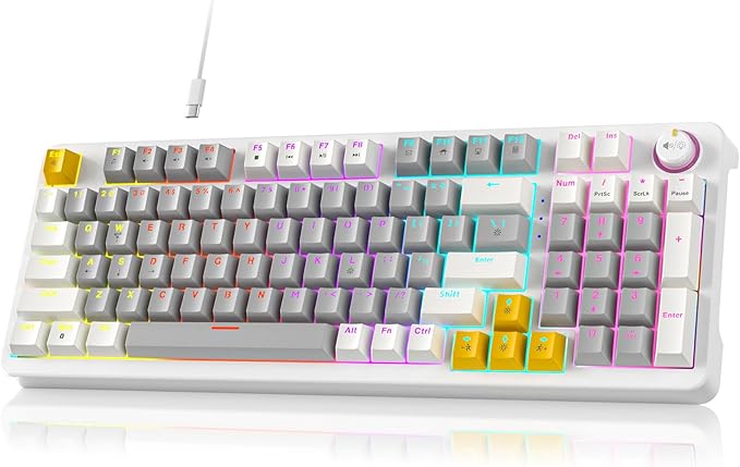 AK96 Smart Mechanical Keyboard Gaming, 96 Keys Full Size with LED Colorful Backlit, Clicky Creamy Sounding, USB Wired Computer Keyboard with Volume Knob for PC, Mac, Windows(Grey)