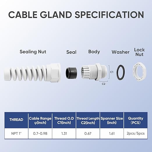 Strain Relief Cord Connector,LISTENJIALE 5Pcs NPT 1" Waterproof Cable Gland Flex Spiral Strain Relief Adjustable 18-25mm Cable Connector Nylon Joint with Gaskets(Grey)