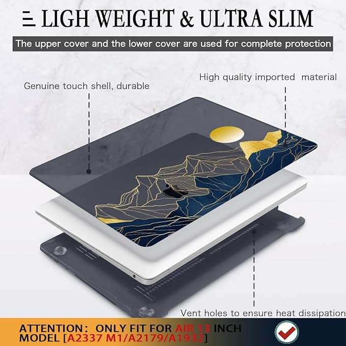 CISSOOK for MacBook Air 13 Inch Case A2337 M1 A2179 A1932 Model 2021-2018 Released, 13 inch Hard Shell Cover with Keyboard Cover for MacBook Air 13 M1 Case with Touch ID - Mountain & Raised Sun