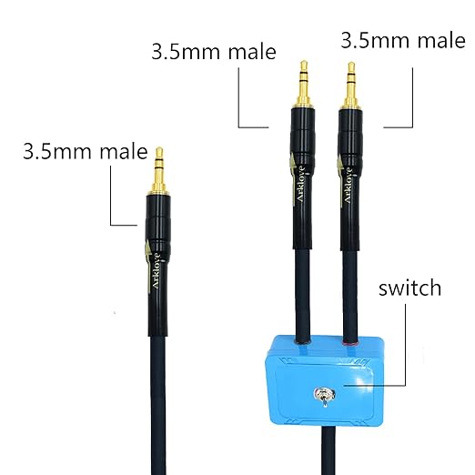 5ft Sound Channel swicher 1/8" aux Input 3.5mm Female to 2X 3.5 Output Switch Selector 2 in 1 Out R/L Stereo Audio 1 in 2 Out Stereo Audio Splitter with Phone pc Player