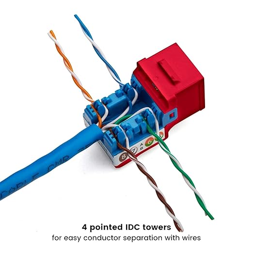 trueCABLE Cat5e Keystone Jack, Unshielded (UTP), 90 Degree Punch-Down, PoE++ (4PPoE) 100W, UL Listed, ETL Verified, ANSI/TIA Certified, Modular RJ45 Female, Red, 12 Pack