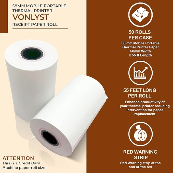 Receipt Paper Roll for 58mm Mobile Portable Thermal Printer (Pack 50 rolls)