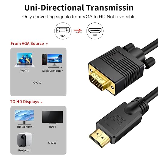 VGA (Sources) to HDMI(Display) Cable 60ft with Audio, VGA Male to HDMI Male Adapter Converter Cord Cable Compatible Well Witch Computer/Projector/Laptop to Monitor/TV/Desktop