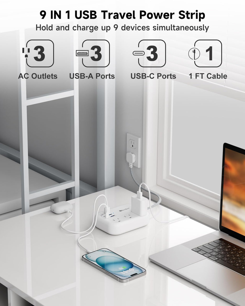 Beeiker Short Extension Cord 1 Ft,6 USB (3 USB C) Power Strip,3 Outlets
