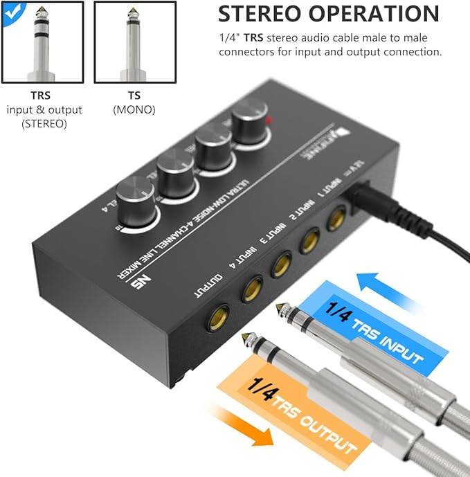 FIFINE Ultra Low-Noise 4-Channel Line Mixer for Sub-Mixing,4 Stereo Channel Mini Audio Mixer with AC adapter.Ideal for Small Club or Bar. As Microphones,Guitars,Bass,Keyboards or Stage Sub Mixer-N5