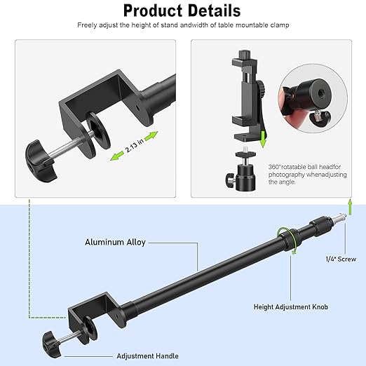 2 Pack Desk Mount with 1/4" & 3/8" Screws, Ball Head, 17-41" Adjustable Aluminum Stand, for DSLR & Ring Light