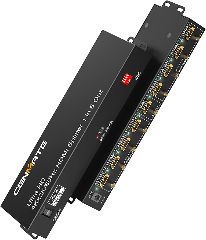HDMI Splitter 1 in 8 Out, 8 Port HDMI Splitter Support 4K@60Hz 4:4:4 8-bit Duplicate/Mirror, HDMI 2.0, 18 Gbps, EDID, HDCP, 3D Video Play