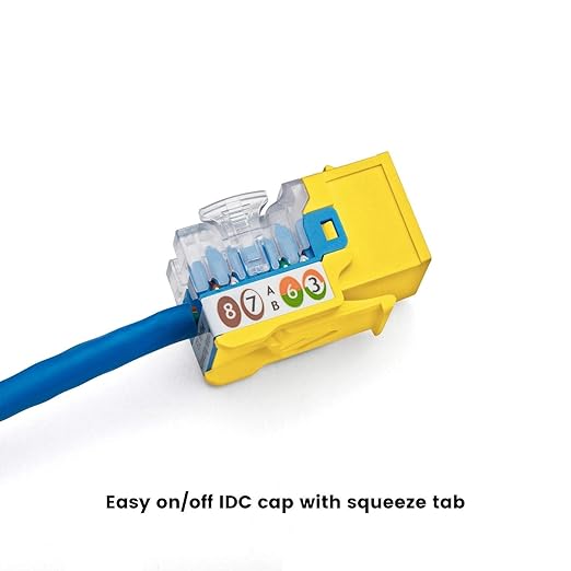 trueCABLE Cat5e Keystone Jack, Unshielded (UTP), 90 Degree Punch-Down, PoE++ (4PPoE) 100W, UL Listed, ETL Verified, ANSI/TIA Certified, Modular RJ45 Female, Yellow, 24 Pack