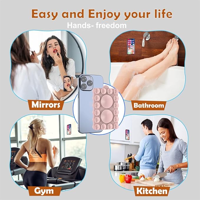 Double Sided Silicone Suction Phone Holder Mount,Compatible with iPhone and Android Cases Hands-Free Mirror Shower Phone Mount Strong Grip Holder (Light Pink, Double Sided 2PCS)
