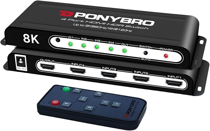 HDMI Switch 8K 4 Port – HDMI 2.1 48Gbps Auto-Switching, 8K@60Hz/4K@120Hz, HDR10+/Dolby Vision, for PS5/Xbox/PC/Apple TV, Zero Latency with Remote